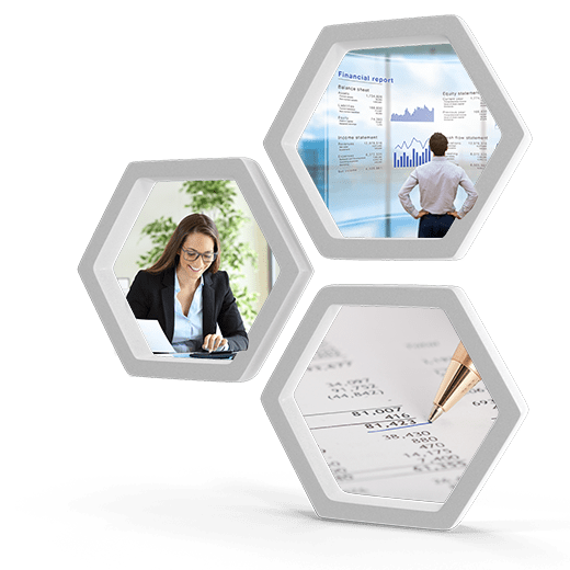 Collage of accounting professionals reviewing financial data, analyzing reports, and working with financial statements.