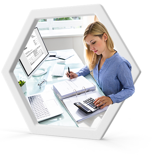 Bookkeeping professional organizing financial records and using a calculator for accurate accounting services and afinida accounting logo